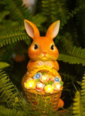 创意仿真太阳能兔子提篮装饰摆件家居装饰花园庭院树脂工艺品套装