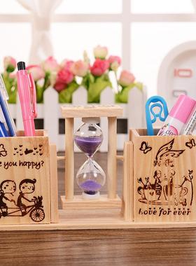 学生创意装饰品沙漏双笔筒摆件 卡通木质沙漏摆件文具笔插B616