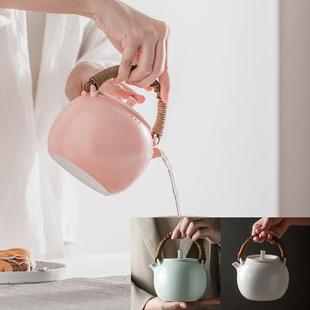 暮苍斋手工藤编提梁电陶炉烧水壶煮茶壶苏打釉开片白粉青色礼盒