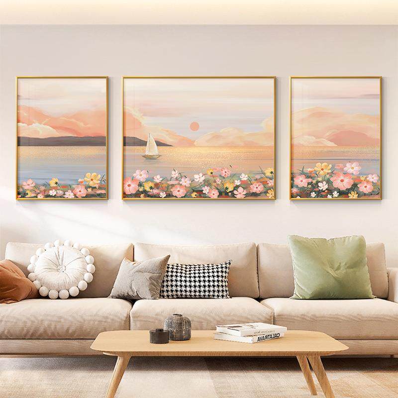 游海观花图客厅装饰壁画现代简约大三联画温馨治愈沙发背景墙挂画