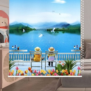 升降窗帘2024新款拉绳遮光厨房卫生间防水布挂画手拉式卷帘免打孔