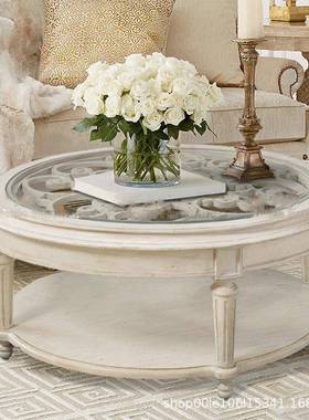 法式雕璃花客厅店设计师家美具民宿白色j5008做旧复古玻台面圆茶