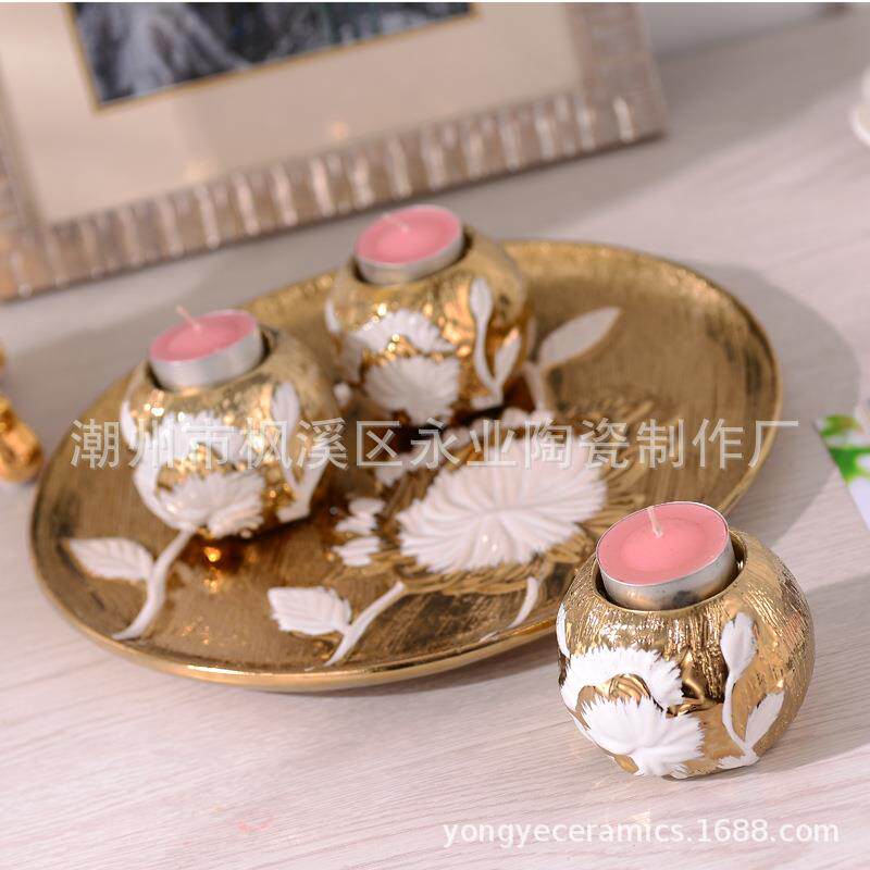 简约创EEH意工艺色烛台盘子套金装瓷家居摆设品电镀陶装饰陶瓷摆