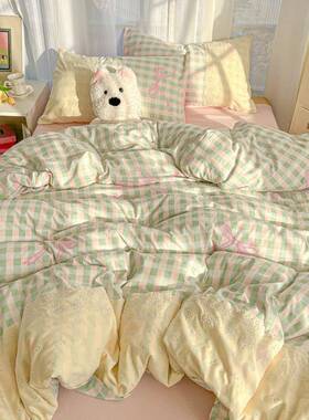 韩版公边主风法式小清新床上件四套三YCI镂空花被套床单床裙床笠