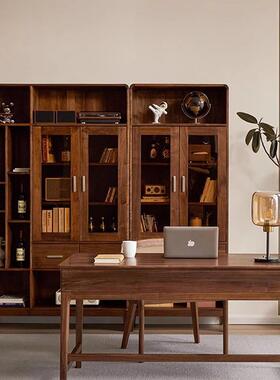 北美胡桃置物黑NSV架合整墙展示玻多层书柜实木书柜带组璃门书架