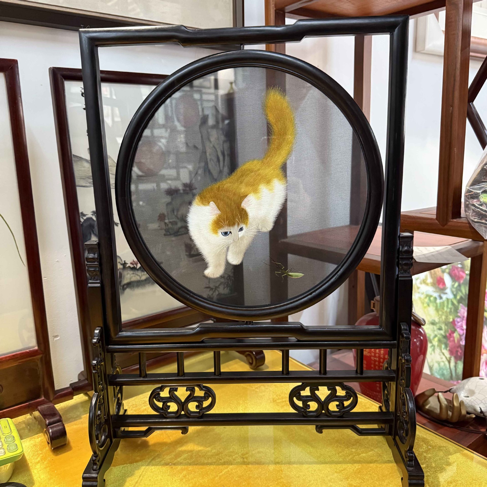 苏绣手工刺绣成品异色猫摆件台屏双面绣桌面摆件新中式