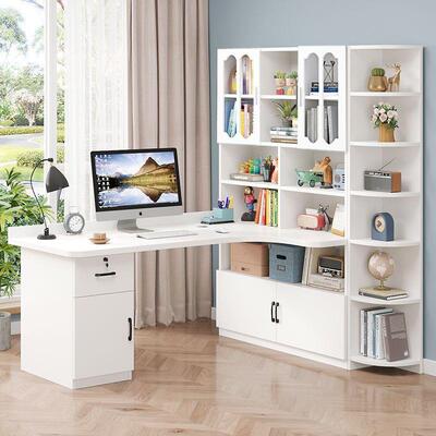 实木转角书桌架书柜一体合书组台式字KTN儿童学习桌家写用卧室电