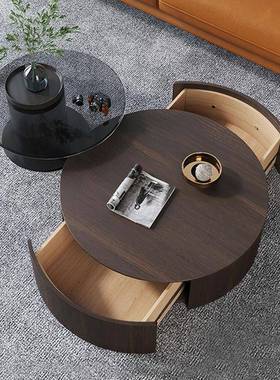 实木圆形茶几烟熏桃色边胡几合钢化玻璃PRV约客组厅家用大小简圆