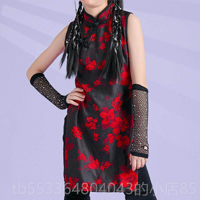 高档中国儿童演出服国色潮风走秀典舞旗袍裙舞蹈服红花裙爵古士舞