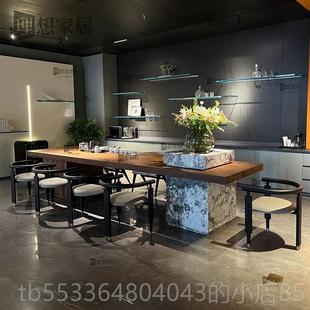 高档石新中式 高端制现代简约轻奢茶室大理师实定木 岩板茶台设计款