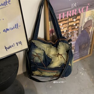 旧日重现 复古做旧牛仔包大容量单肩托特 街拍毛边辣妹单宁斜挎包