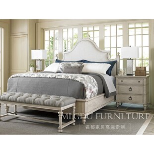 美式实木床头柜 样板房白色做旧储物柜美式双人床边柜婚床主卧床