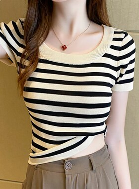 冰丝针织衫短袖t恤女夏设计感小众条纹正肩修身短款上衣配高腰裤