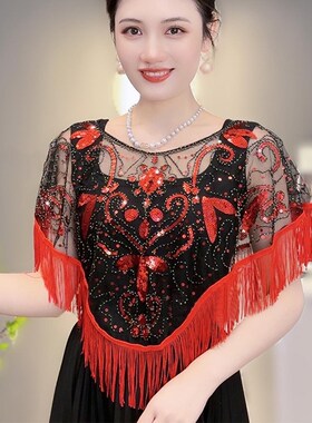 流苏披肩女夏季圆领网纱亮片罩衫配裙子的小开衫休闲坎肩上衣斗蓬