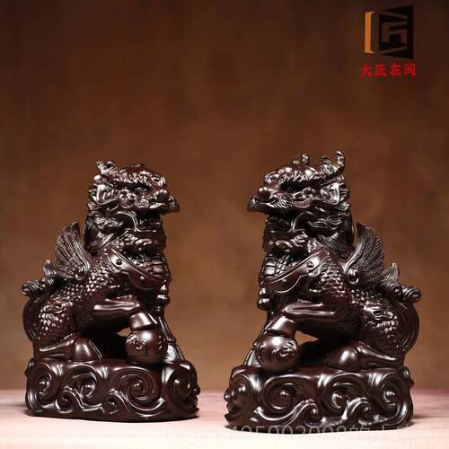 新款红角实木刻独角兽饰品，一对幸运火独兽，办公室客厅入口雕开