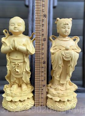 新款木雕金黄童玉女小号家善童财子龙女摆件观音身边侍者 用佛像