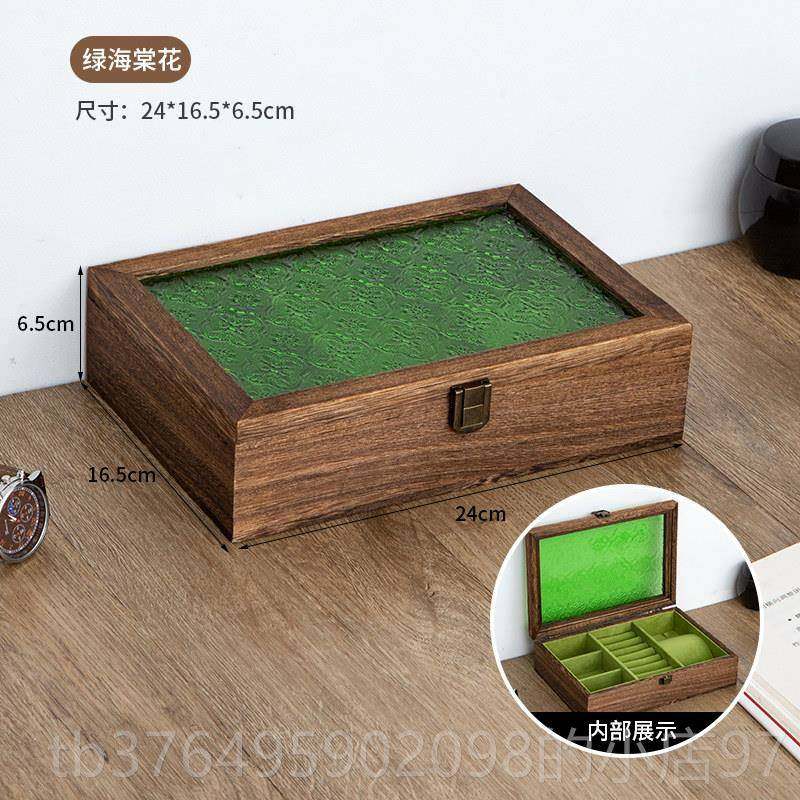 新款收实木首饰盒纳盒 绿色衬耳环戒指项链节日内送闺蜜友包装女,收纳整理,首饰盒,淘宝优惠券,粉丝福利购,淘宝优惠卷