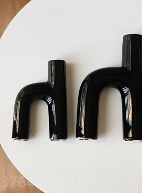 新款om件eside黑色瓶h型花北欧风格H陶瓷花瓶居家极简摆不规则字