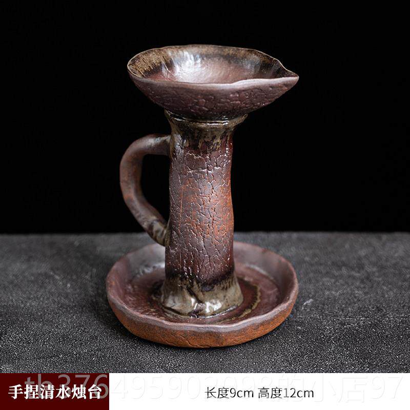 新款陶瓷迷纯手工捏制粗烛家台家用复古居摆件陶陶手柄蜡烛台装饰
