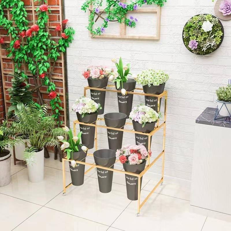 FYQ金色铁花店花可移动展示架花架艺带万向轮室内装饰架鲜花桶鲜