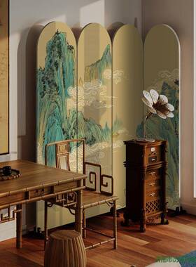宋式学中沙古屏风隔断客厅发背景新中式玄关折RJD叠移动山水美折