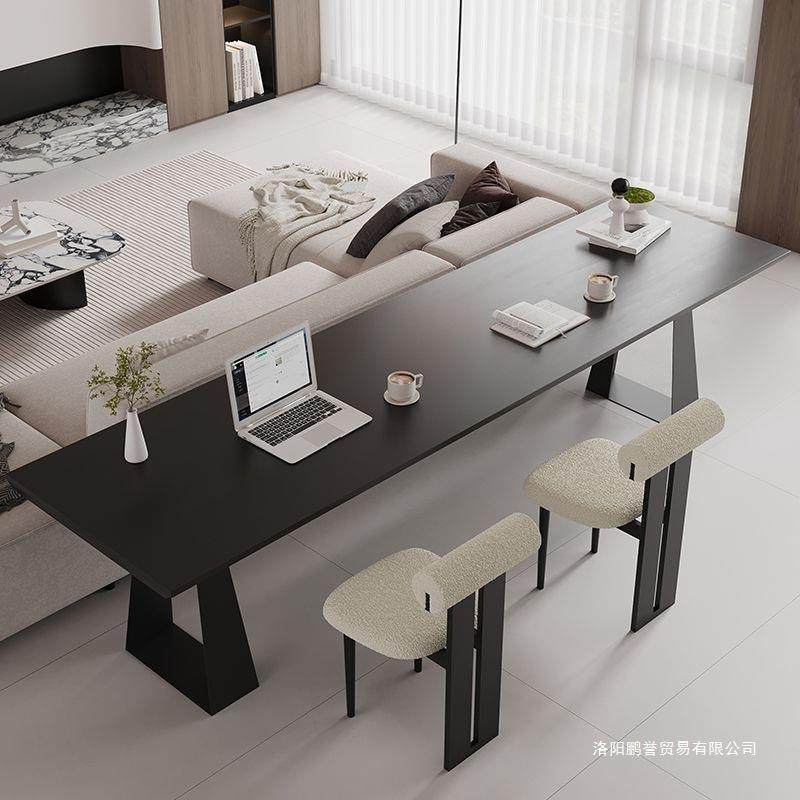黑色实木桌书桌家用客厅意式极简横厅沙长发后BLA桌双人学条习办