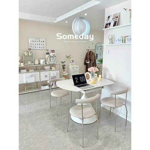 奶油风纯白色哑光岩板餐桌旋转伸缩折叠华尔兹餐桌方变圆两用桌子