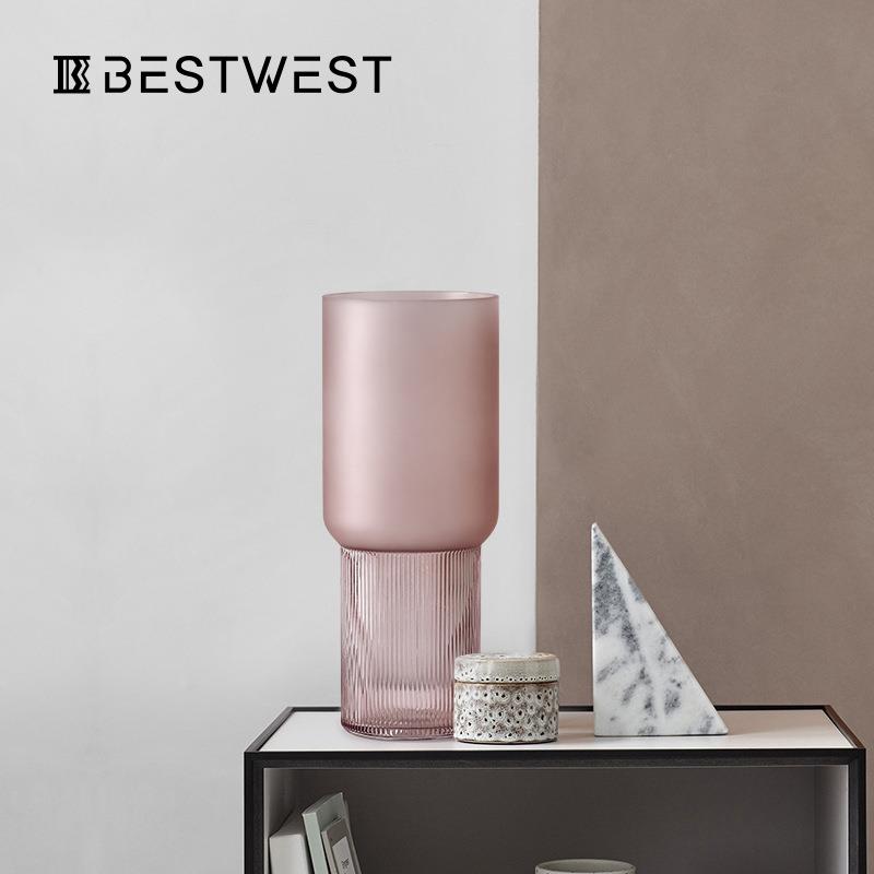 博西家居 淡粉色高脚磨砂玻璃花瓶 ins风家居水培装饰品花器摆件