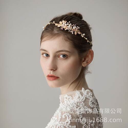 O348甜美珍珠叶片新娘发带 精美钻链结婚配饰 造型拍照饰品