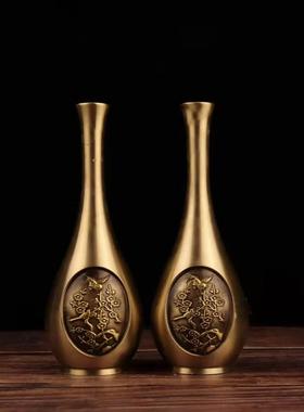 古玩文玩铜器刻画花开富贵哑光银拉丝色花瓶对价商务礼品室内摆件