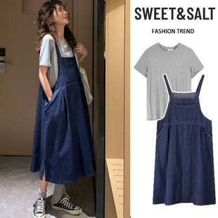 孕妇连衣裙夏装大码遮肚子牛仔背带裙宽松小个子两件套夏季套装女