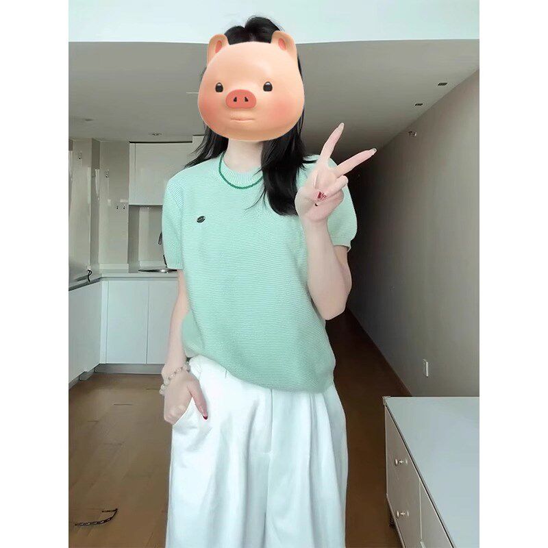 薄荷曼波绿色冰丝针织正肩短袖T恤女夏季小个子修身显瘦短款上衣图片