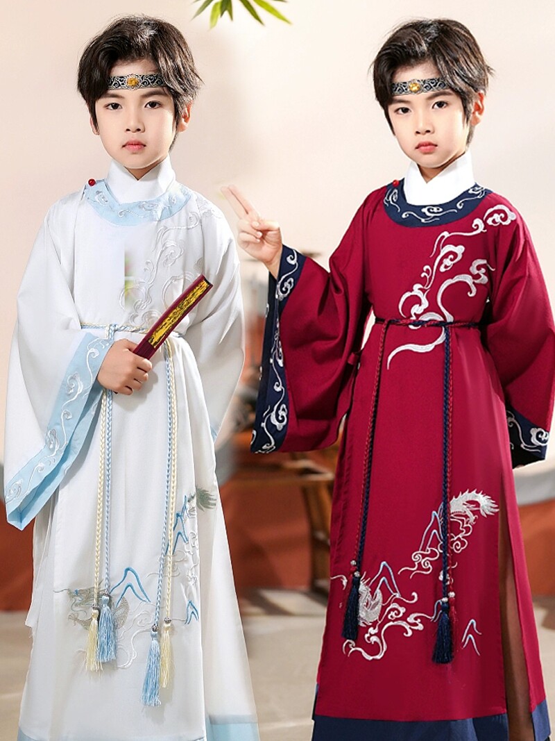儿童古装汉服圆领长衫男女中国风白色仙气大袖国学服演出服古风