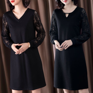胖mmV领蕾丝拼接连衣裙显瘦胖妹妹直筒裙 2021年秋冬新款 大码 女装