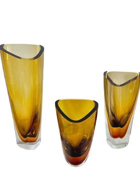 创意琉璃茶色三角切口玻璃储水花瓶摆件插花玄关桌面家居装饰花器