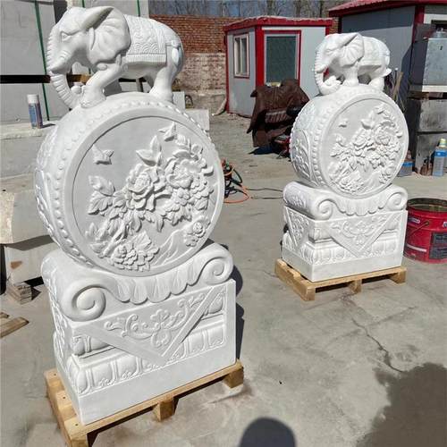 石雕门墩汉白玉小象抱鼓石门当石一对别墅庭院门口晚霞红貔貅摆件