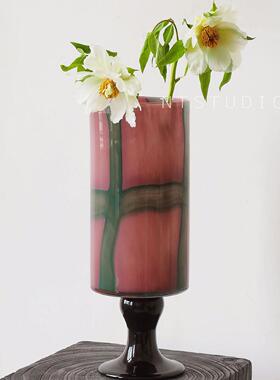 新中式高脚拼色直筒玻璃花瓶法式中古艺术高级感水养花器客厅摆件