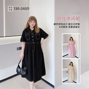 复古港风学院风减龄240斤胖妹大码 牛仔收腰明线翻领长连衣裙 女装