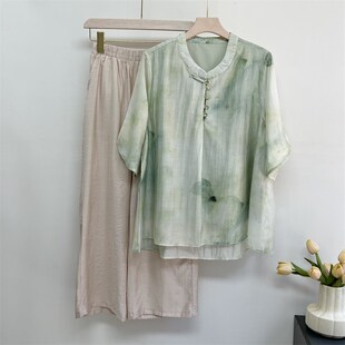 新中式 中老年人奶奶装 两件套夏季 薄款 妈妈夏装 上衣女洋气小衫 套装