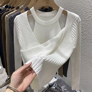 针织衫 上衣女秋冬设计感小众挂脖背心内搭洋气加厚打底毛衣两件套