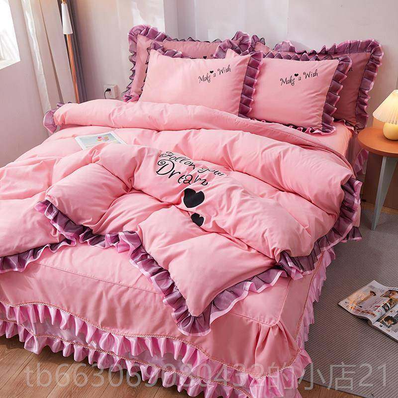高档韩版全棉纯棉纯床裙式套公主四风色被件套少女心斜纹裸睡床上