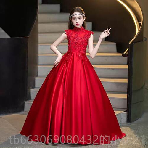 新款2025新款女童礼服童色红钢琴演服出比赛舞台走秀晚礼服儿大气