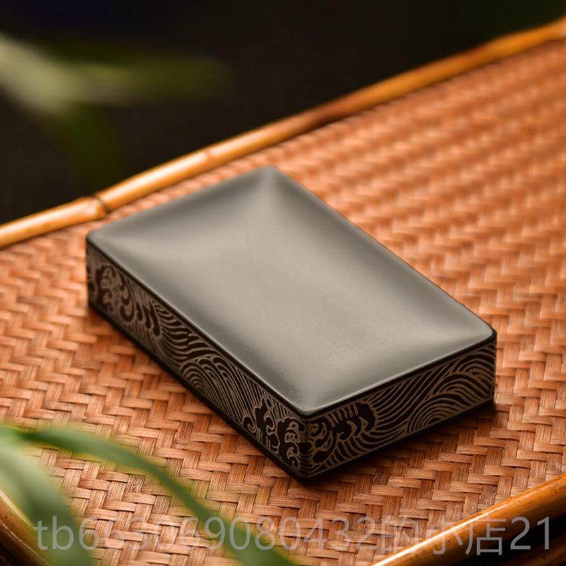 高档国家非砚遗长方素砚墨海天然无老坑金星原石歙砚圆黑形龙尾边