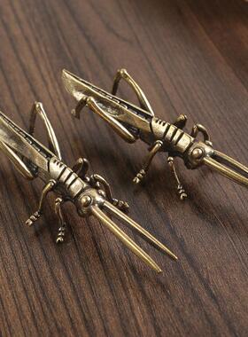 黄铜蚂蚱创意办公室茶桌茶具小茶宠桌面纯铜摆件金属工艺品小铜器