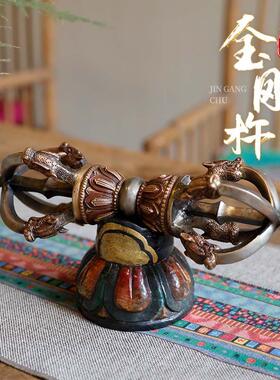 尼泊尔铜制大号五股金刚杵34厘米彩色龙头五股杵带木雕底座