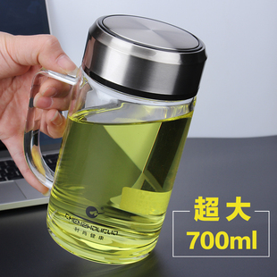 男士玻璃杯双层大容量带把手办公水杯 便携带盖有滤网玻璃茶杯子