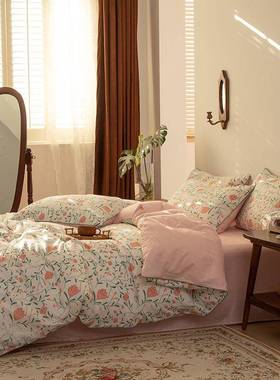 纯四棉件小碎花套全棉三件套园床上用品田风45780支法式床笠