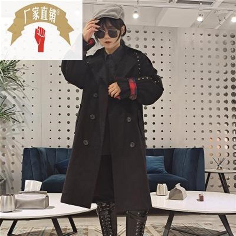 2020新款春装风衣女外套韩版工装长款 大衣翻领钉珠印花腰带上衣