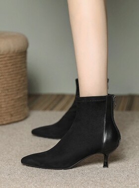 黑色高跟鞋细跟尖头短靴女5公分2023新款春秋单靴裸靴小跟瘦瘦靴