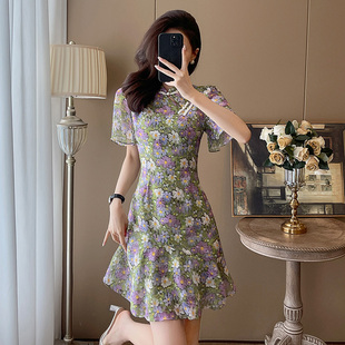 新中式荷叶边鱼尾雪纺连衣裙女高级感短款小个子改良碎花旗袍裙夏